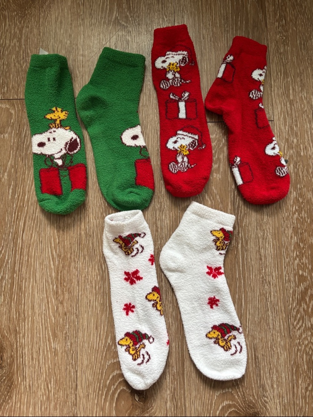 Set of Snoopy & Woodstock plush fuzzy Christmas holiday socks